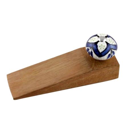 Navy Blue Flower Crackle Ceramic Wooden Door Stopper